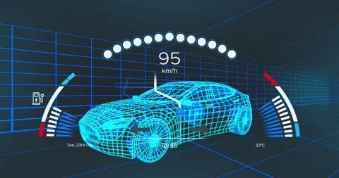 Simulation starting at 11 km or h with 3D car accelerating then slowing while Stock Footage 319783205