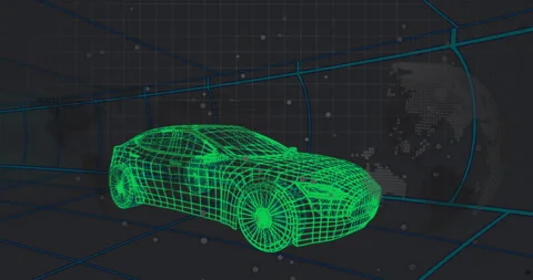 Simulation starting neon green wireframe car emerging globe rotating beams Video stock 312467074
