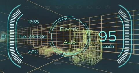 Simulation starting truck wireframe accelerating to 121kmh as selector shifting Video stock 317155406