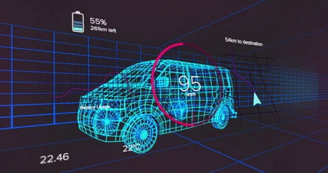 Simulation starting wireframe van accelerating while displaying telemetry data Video stock 314708226