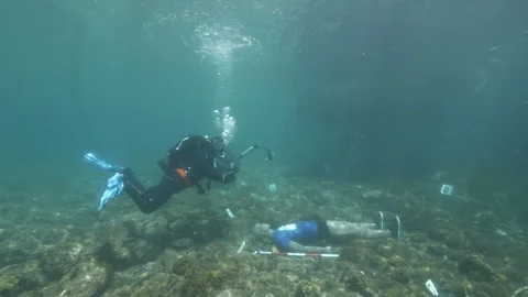 Simulation of underwater crime scene divers making detections with dummy, Ustica Stock Footage 124145689