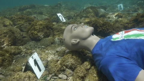 Simulation of an underwater crime scene dummy close-up,Ustica, Mediterranean sea Stock Footage 124173166