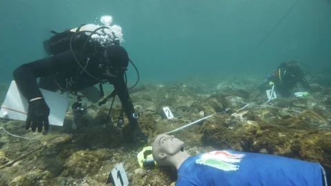Simulation of an underwater crime scene,divers making detections,Ustica, Med sea Stock Footage 124251088
