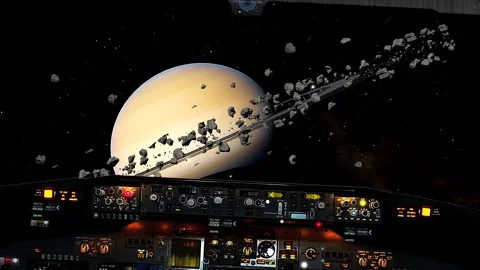 Simulation of a view inside starship approaching to the rings of Saturn. Stock Footage 142402934