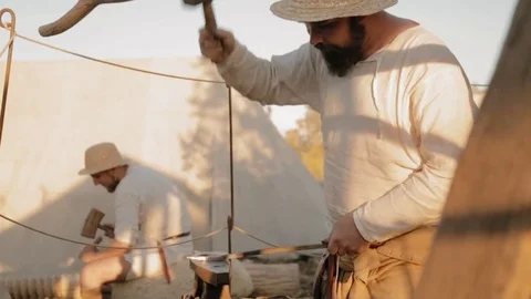 Simultaneous work of medieval artisans Stock Footage 79997632