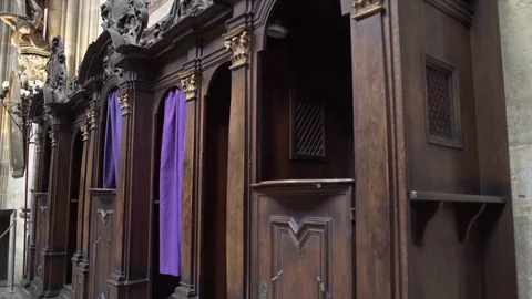 Sin confession booth stall, Saint Vitus Cathedral, Prague Castle, Czech R. Stock Footage