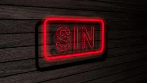 Sin red color neon fluorescent tubes signs on wooden wall. 3D render, illustr Stock Illustration