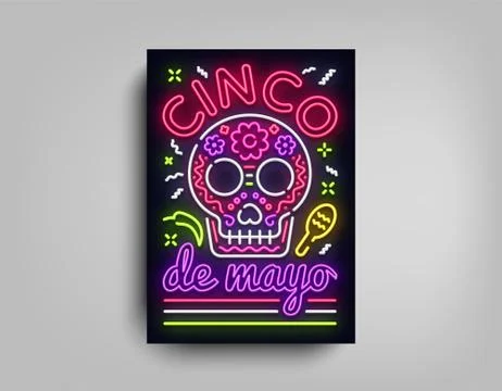 Sinco de Mayo poster design neon style template. Neon sign, bright light neon Stock Illustration