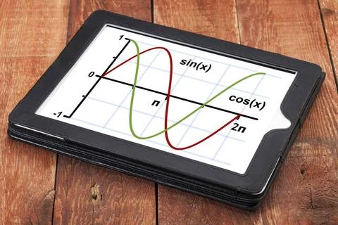 Sine and cosine function graph on tablet graph of sine and cosine function... Stock Photos