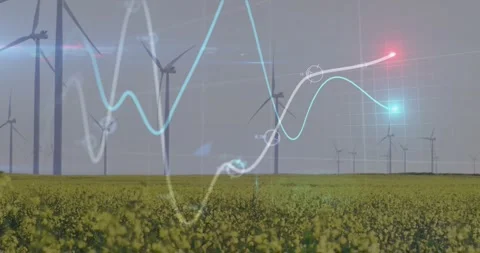 Sine-wave lines fading in from left and sweeping over crops and turbines while Stock Footage 329699665