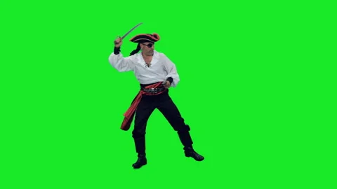 Сinematic style of brave pirate attacking with sword and pistol on green screen Stock Footage 304294493