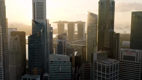 Singapore CBD and Marina Bay aerial Sunrise Stock Footage