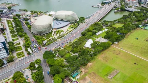 SINGAPORE - CIRCA APRIL 2015: City skyline, Marina Bay and Raffles Place, vie Stock Footage
