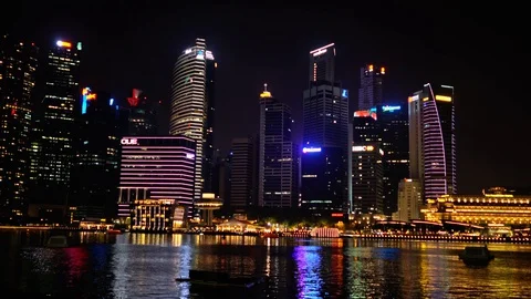 Singapore Down Town Night Time View  Main Attractions Buildings Stock Footage 128575822