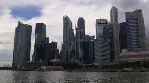 Singapore duck boat ride marina bay hotel museum day time panorama 4k Stock Footage