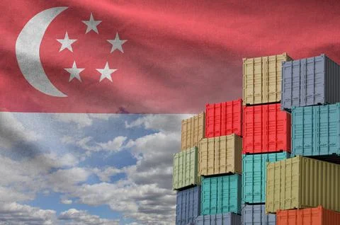 Singapore flag and big stack of shipping cargo containers in docks with sky Foto stock