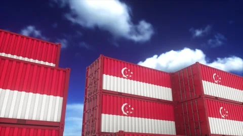 Singapore Flag Cargo Containers Stacked Against Dramatic Blue Sky Stock Footage 335158353