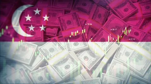 Singapore Flag on Economic Background With Decrease Bar Chart Graph And Arro Stock Footage 320893096