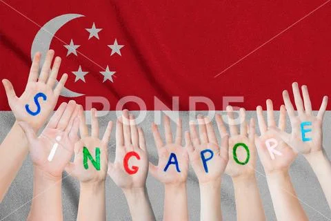 Singapore inscription on the children's hands against the background of a wav Stock Photos
