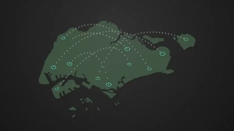 Singapore Map Featuring Animated Signal Flow Between Two Points Stock Footage 342308759