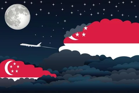Singapore Night Clouds Airplane Vector Illustration Stock Illustration