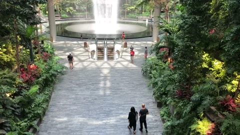 Singapore: Rain vortex indoor waterfall at Changi Airport, 4K Stock Footage 133760479