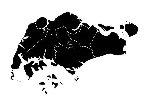 Singapore regional borders map. Black silhouette of Singapore with visible .. Stock Illustration