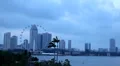 Singapore Skyline Dusk, Flyer, Marina Bay, Benjamin Sheares Bridge, Skyscrapers HD Footage