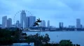 Singapore Skyline Dusk, Flyer, Marina Bay, Benjamin Sheares Bridge, Skyscrapers HD Footage