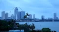 Singapore Skyline Dusk, Flyer, Marina Bay, Benjamin Sheares Bridge, Skyscrapers HD Footage