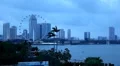 Singapore Skyline Dusk, Flyer, Marina Bay, Benjamin Sheares Bridge, Skyscrapers HD Footage
