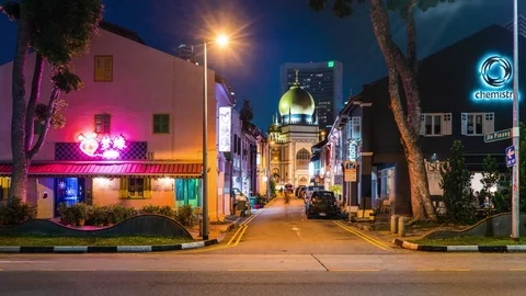 Singapore Timelapse at night Masjid Sultan mosque in the Malay Heritage centre Stock Footage