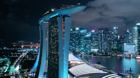 Singapore - Top view of Marina bay sands hotel in the night shot from high above Stock Footage