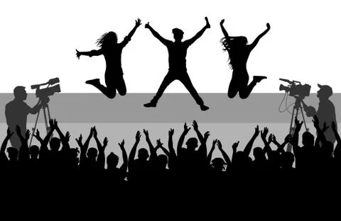Singer with backup dancing on scene. Cheerful crowd of people. Silhouette, ve Stock Illustration