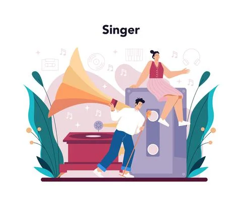 Singer concept. Performer singing with microphone on stage. Music show Stock Illustration
