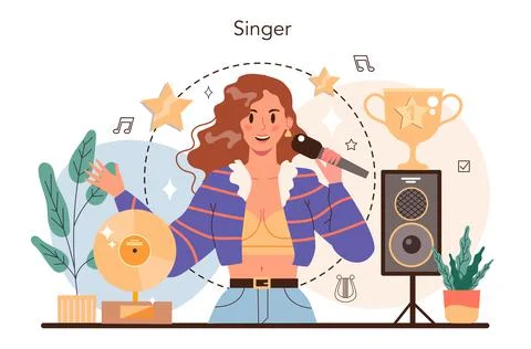 Singer concept. Performer singing with microphone on stage. Vocal music Stock Illustration