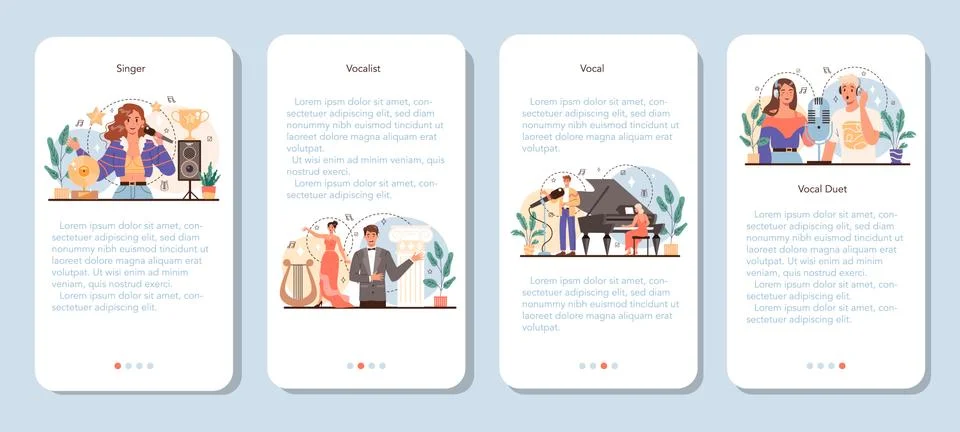Singer mobile application banner set. Performer singing with microphone Stock Illustration
