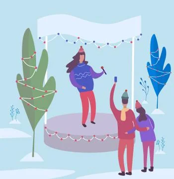 Singer performs on stage in winter park. vector illustration Ilustración de archivo