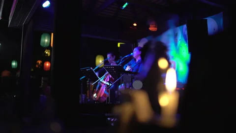 Singer singing at night in a bar in Vientiane, Laos Stockbeeldmateriaal 133937811