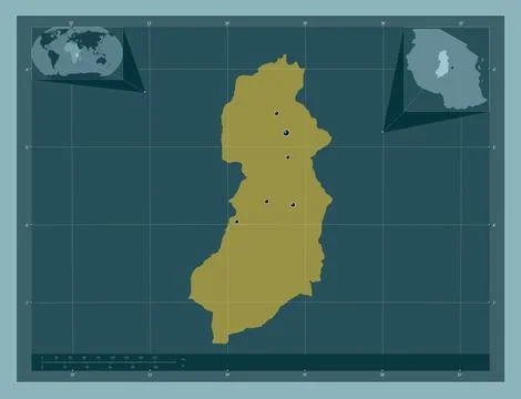 Singida, Tanzania. Solid color shape. Locations of major cities of the region Stock Illustration