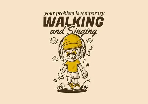 Singing and walking, a boy character wearing big headphone walking alone Stock Illustration