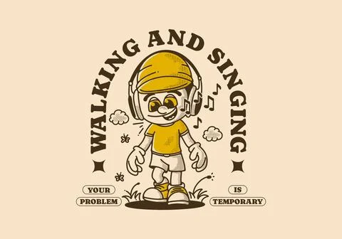 Singing and walking, a boy character wearing big headphone walking alone Stock Illustration