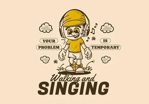 Singing and walking, a boy character wearing big headphone walking alone Stock Illustration
