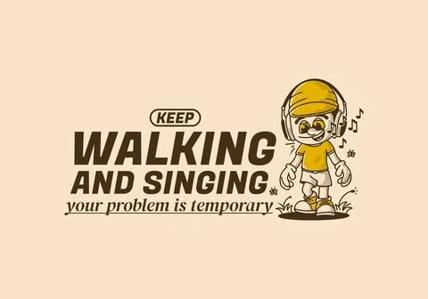 Singing and walking, a boy character wearing big headphone walking alone Stock Illustration