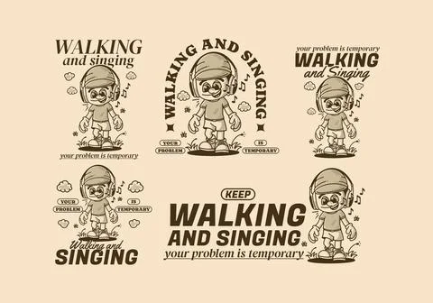 Singing and walking, a boy character wearing big headphone walking alone Stock Illustration