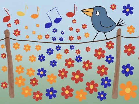 Singing Bird Surrounded by Music Notes and Flowers Stock Illustration