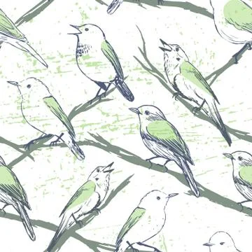 Singing birds seamless pattern/Ink hand drawn birds on the tree Stock Illustration