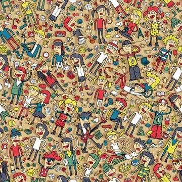 Singing children and school objects seamless pattern Stock Illustration