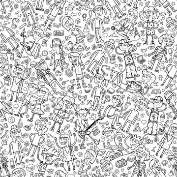 Singing children and school objects in black and white seamless pattern Stock Illustration