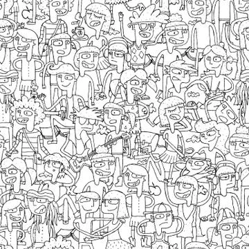 Singing children seamless pattern in black and white Stock Illustration